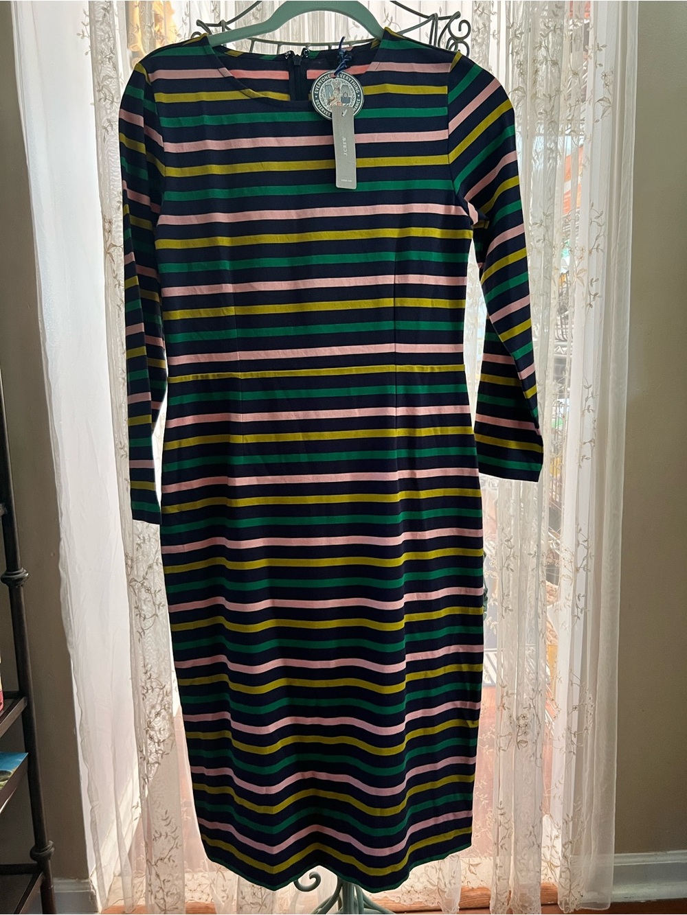J. Crew Navy, Green & Pink Striped Long-Sleeve Sheath Dress